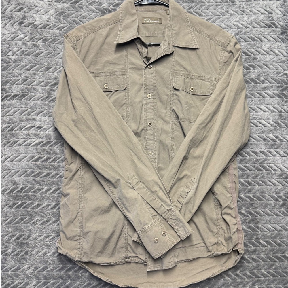 7 Diamonds Mens Small Olive Green Graphic‎ Back Button Down Shirt Cotton (1599)